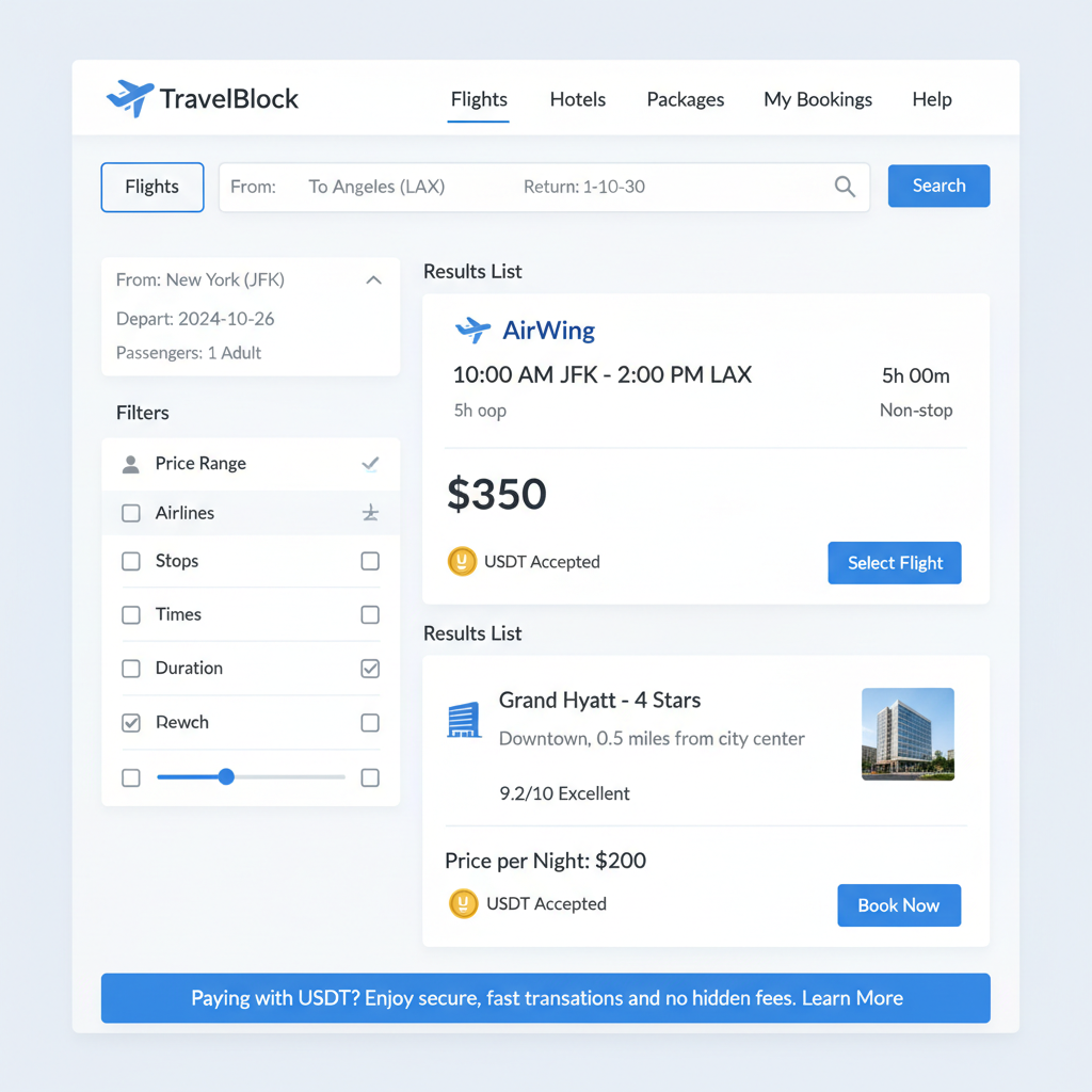 search results page for flights and hotels with USDT payment highlights, modern UI