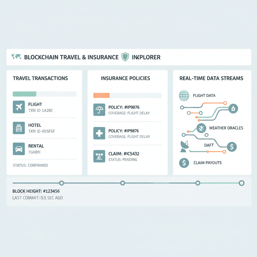 blockchain explorer dashboard tracking travel tx and insurance policy, data streams