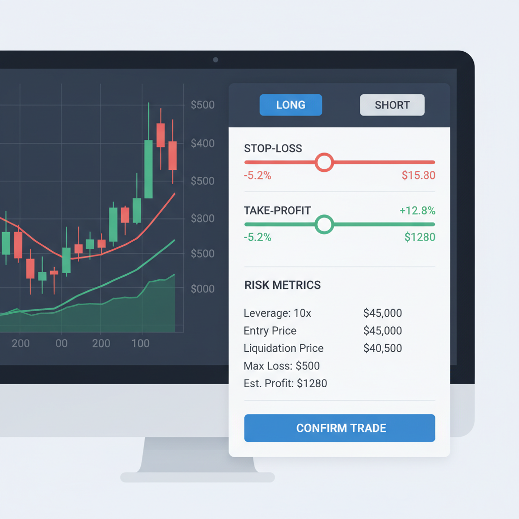 Stop-loss and take-profit sliders set on perps trade setup screen, risk metrics visible