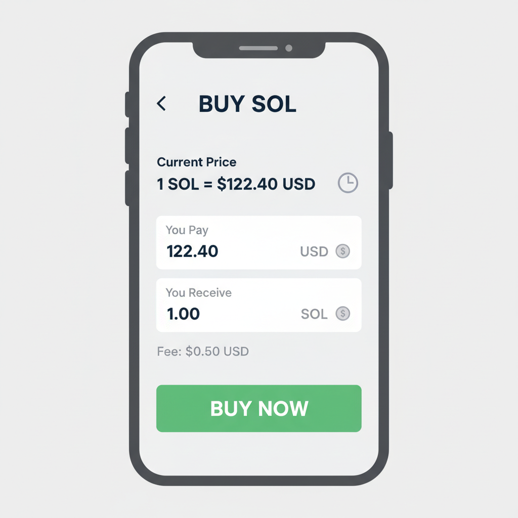 Jupiter Mobile onramp screen buying SOL at $122.40, clean mobile UI, green buy button