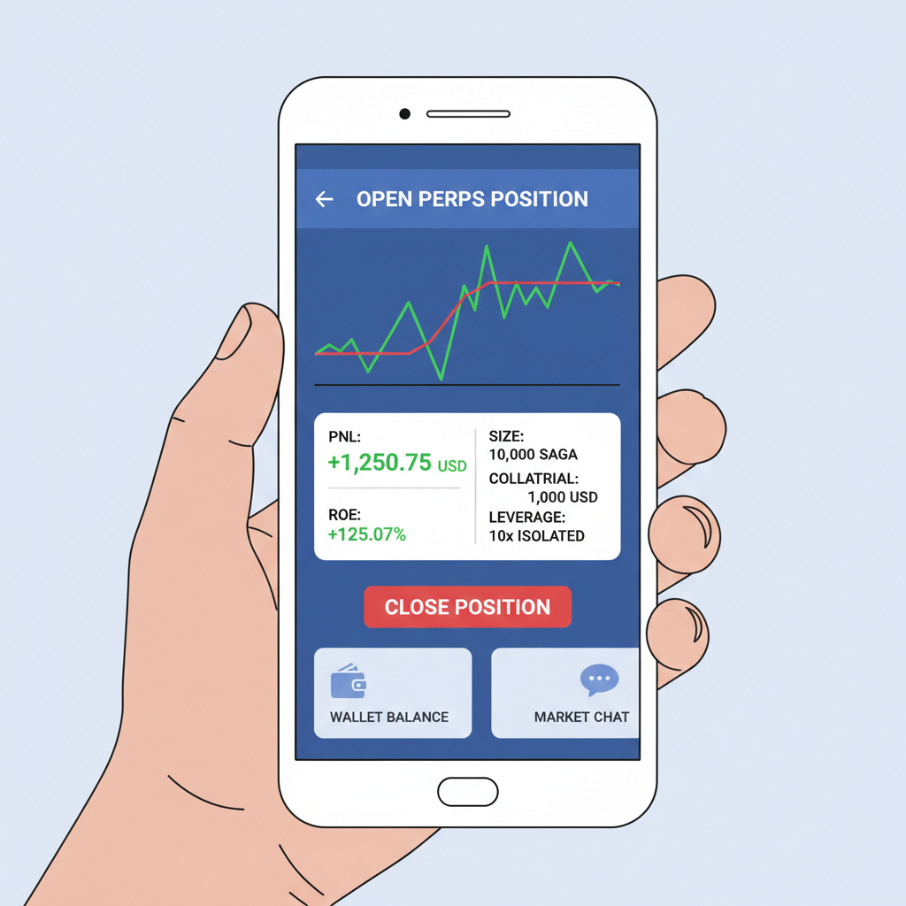 Open perps position dashboard showing PnL, close button, Saga phone multitasking