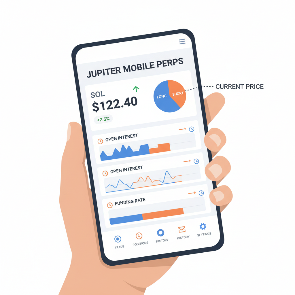 Jupiter Mobile perps dashboard on Saga phone, charts showing SOL $122.40, dynamic graphs