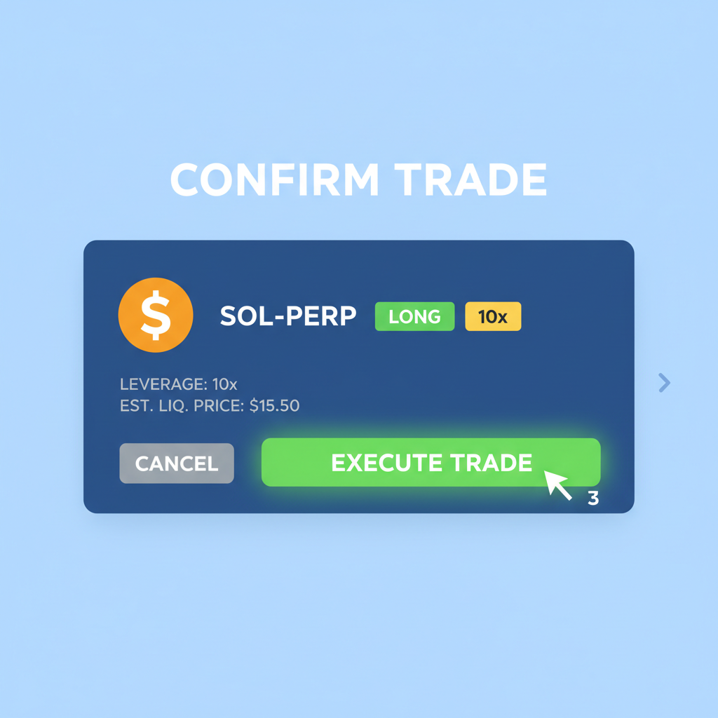 Confirm trade screen with SOL-PERP long 10x, execute button glowing green