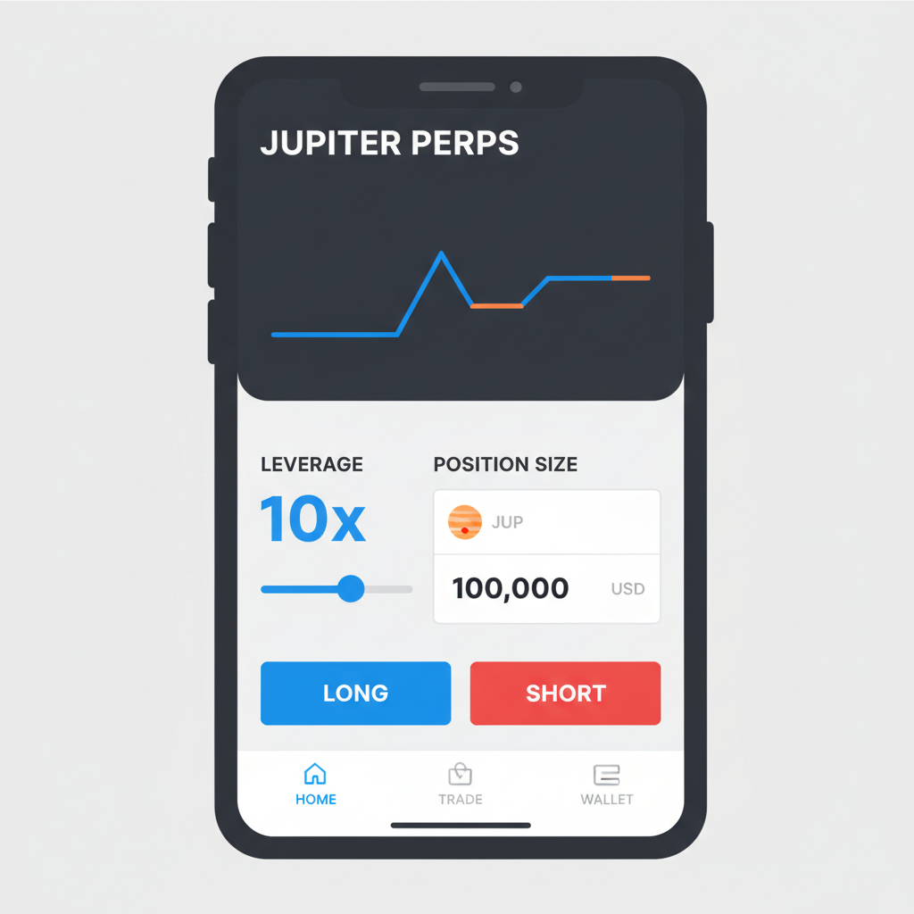 Leverage slider at 10x, position size input on Jupiter perps UI, phone portrait mode