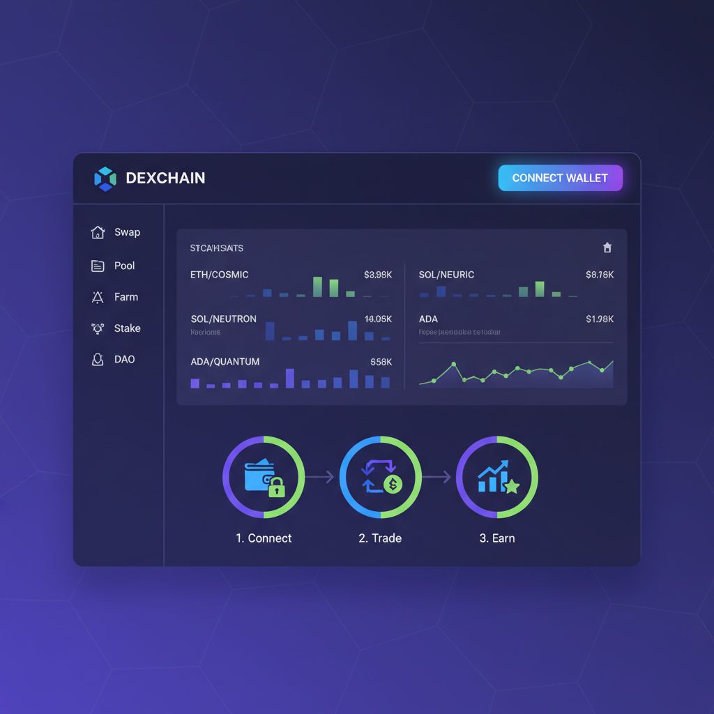 clean DEX homepage screenshot, prominent connect wallet button, futuristic blockchain UI