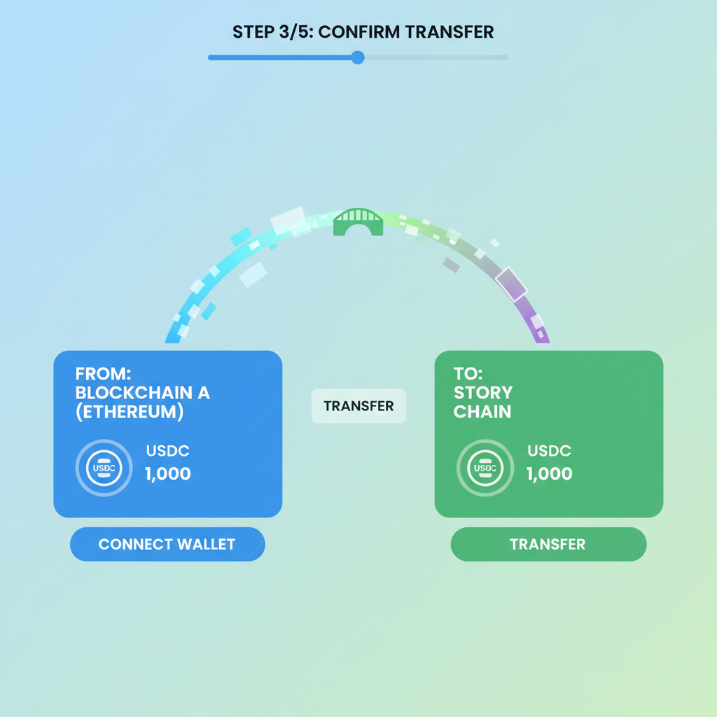 blockchain bridge UI transferring USDC to Story chain, glowing transfer animation