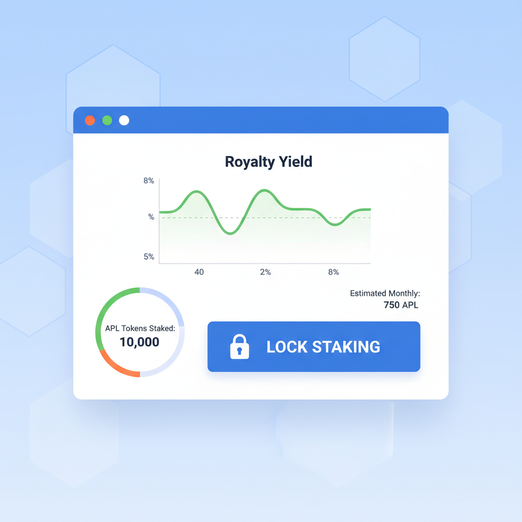 staking dashboard APL tokens, royalty yield graph 5-8%, lock button