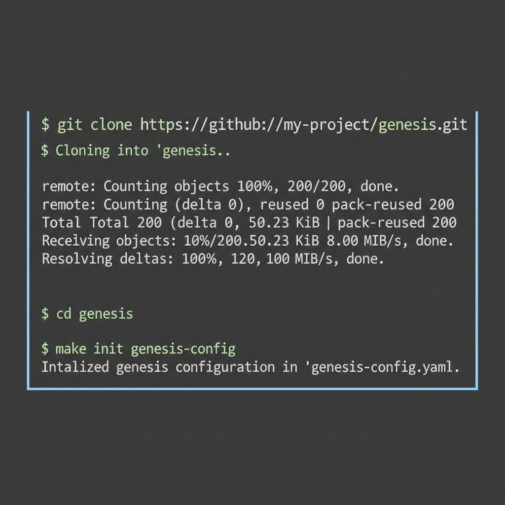terminal screenshot dark theme git clone command success output and make init genesis config