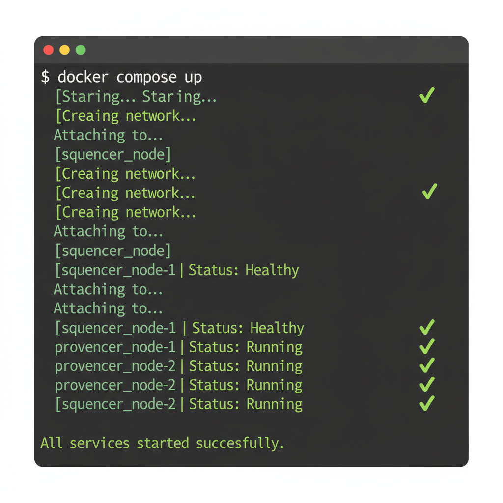 docker compose up terminal output showing sequencer prover nodes starting successfully green logs