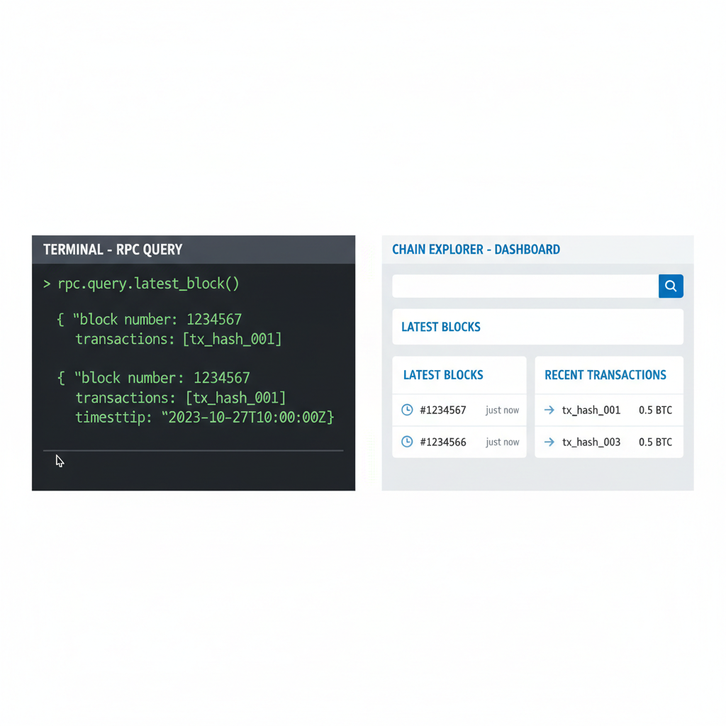 split screenshot terminal RPC query response and web chain explorer dashboard blocks transactions