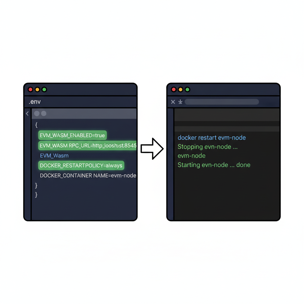code editor screenshot .env file with EVM Wasm env vars highlighted docker restart terminal