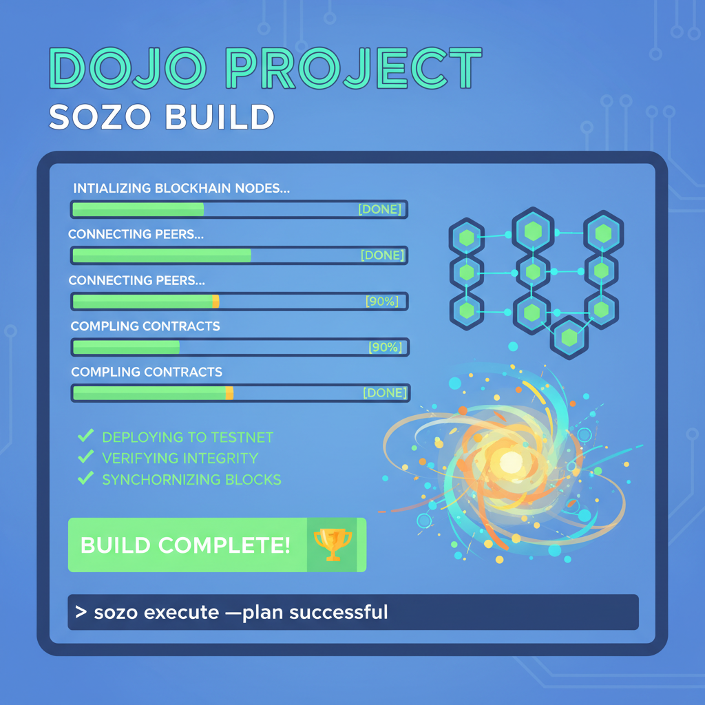 terminal building Dojo project with sozo build, progress bars and success messages, blockchain nodes connecting, vibrant energy bursts