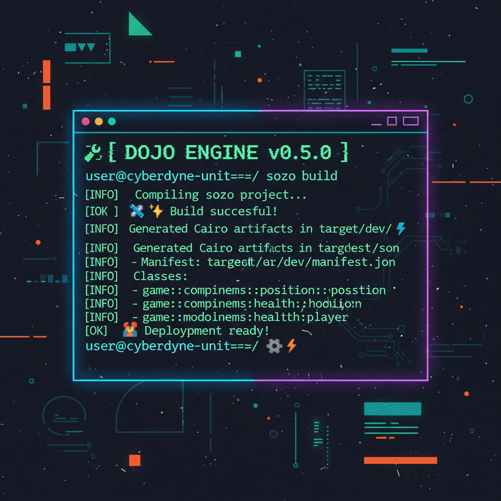 terminal window running 'sozo build' command for Dojo Engine, code compiling successfully, cyberpunk style