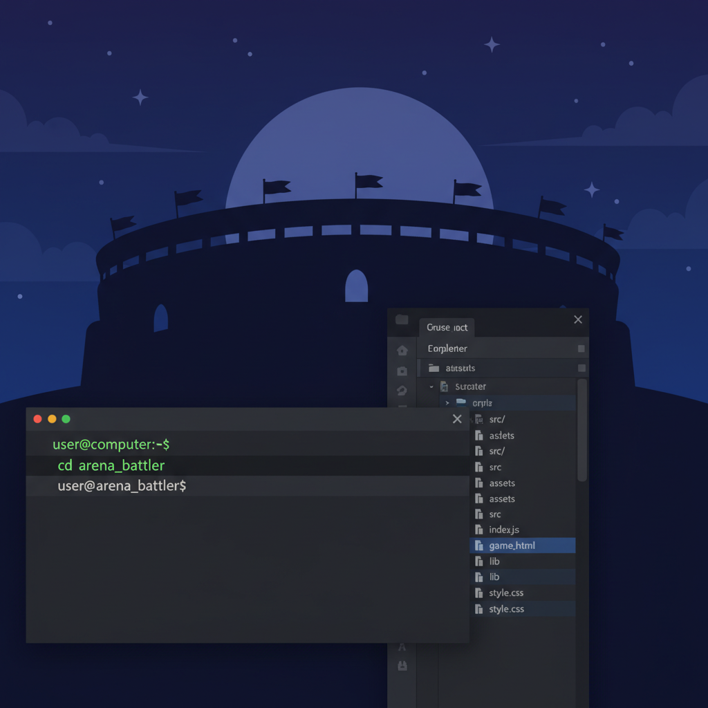 developer cd-ing into arena_battler folder in terminal, open project files in background, epic arena silhouette, dark mode terminal