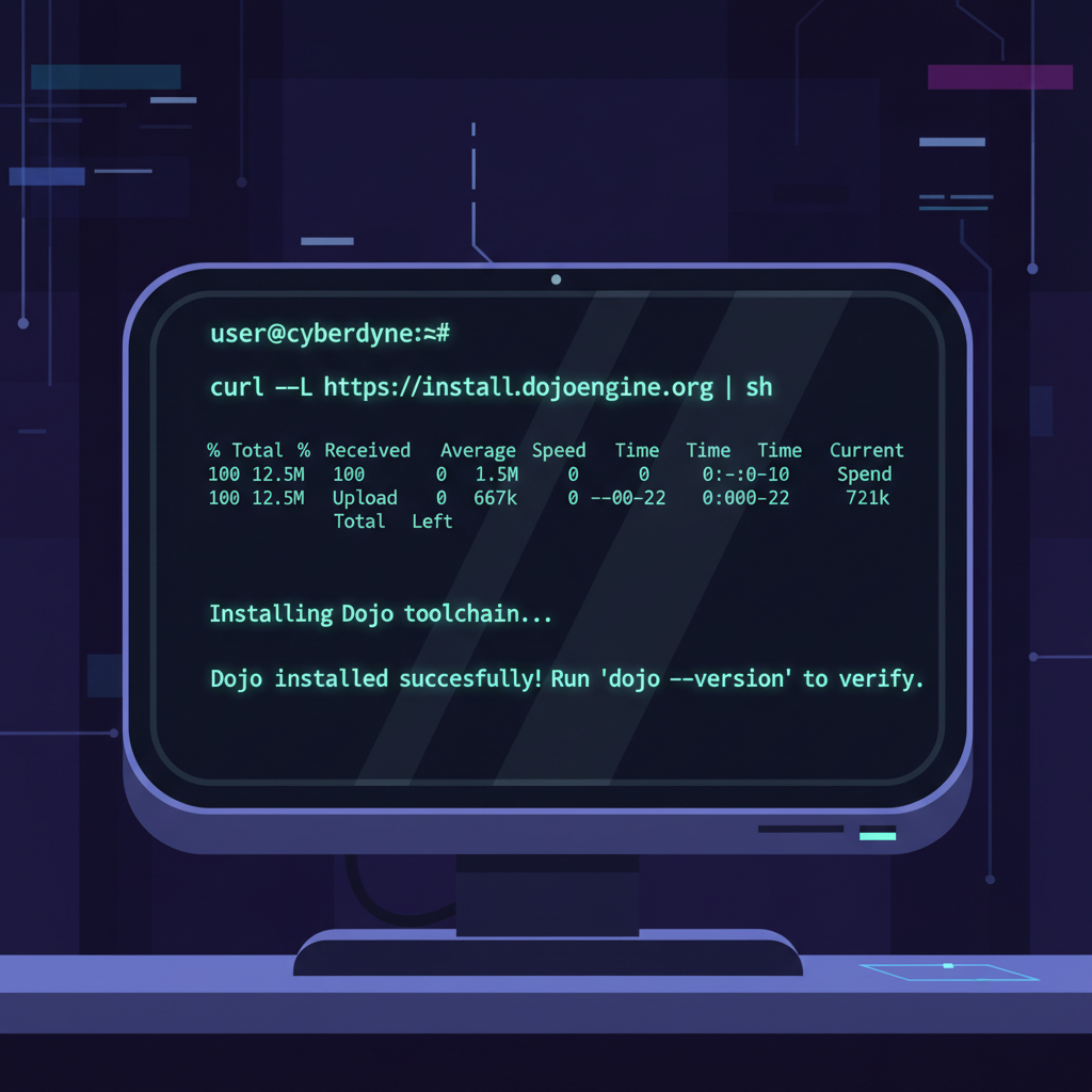 sleek terminal screen installing Dojo toolchain with curl command, glowing green text, futuristic cyberpunk aesthetic, high contrast