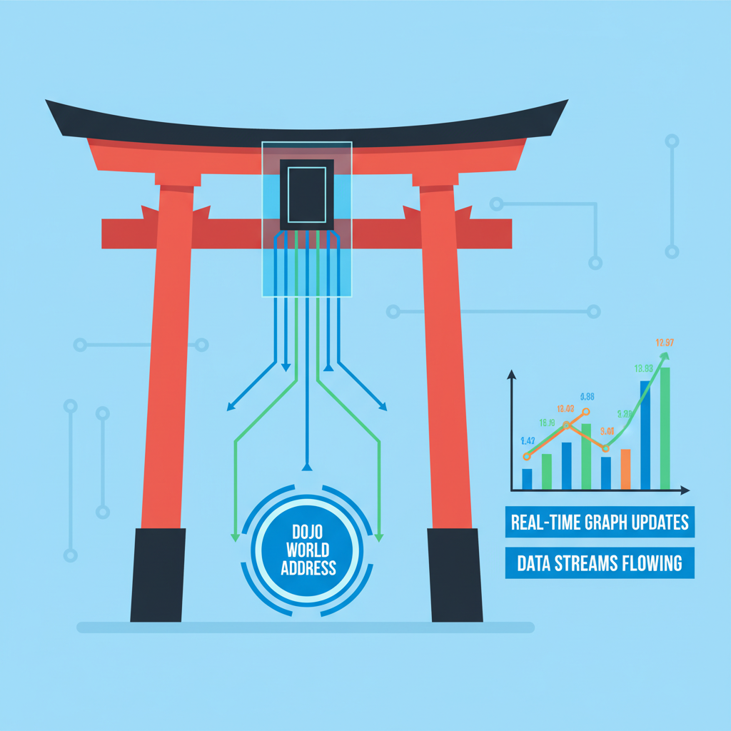 Torii indexer terminal connecting to Dojo world address, data streams flowing, real-time graph updates