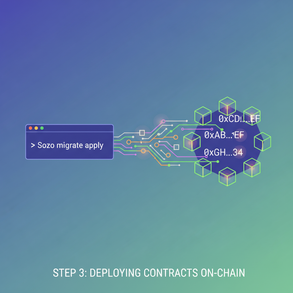 Sozo migrate apply command deploying to blockchain, contract addresses appearing, glowing on-chain world entity
