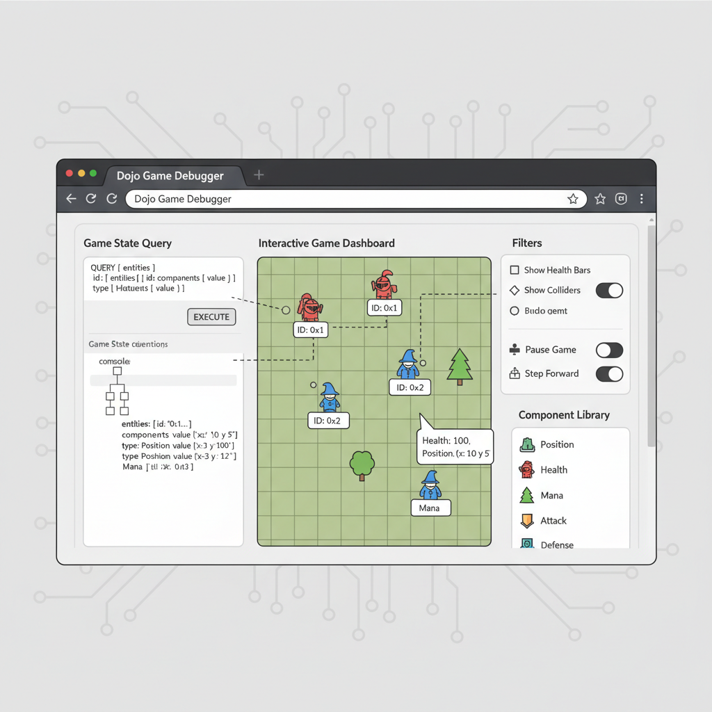 developer browser querying Dojo game state, entities and components visualized, interactive game dashboard