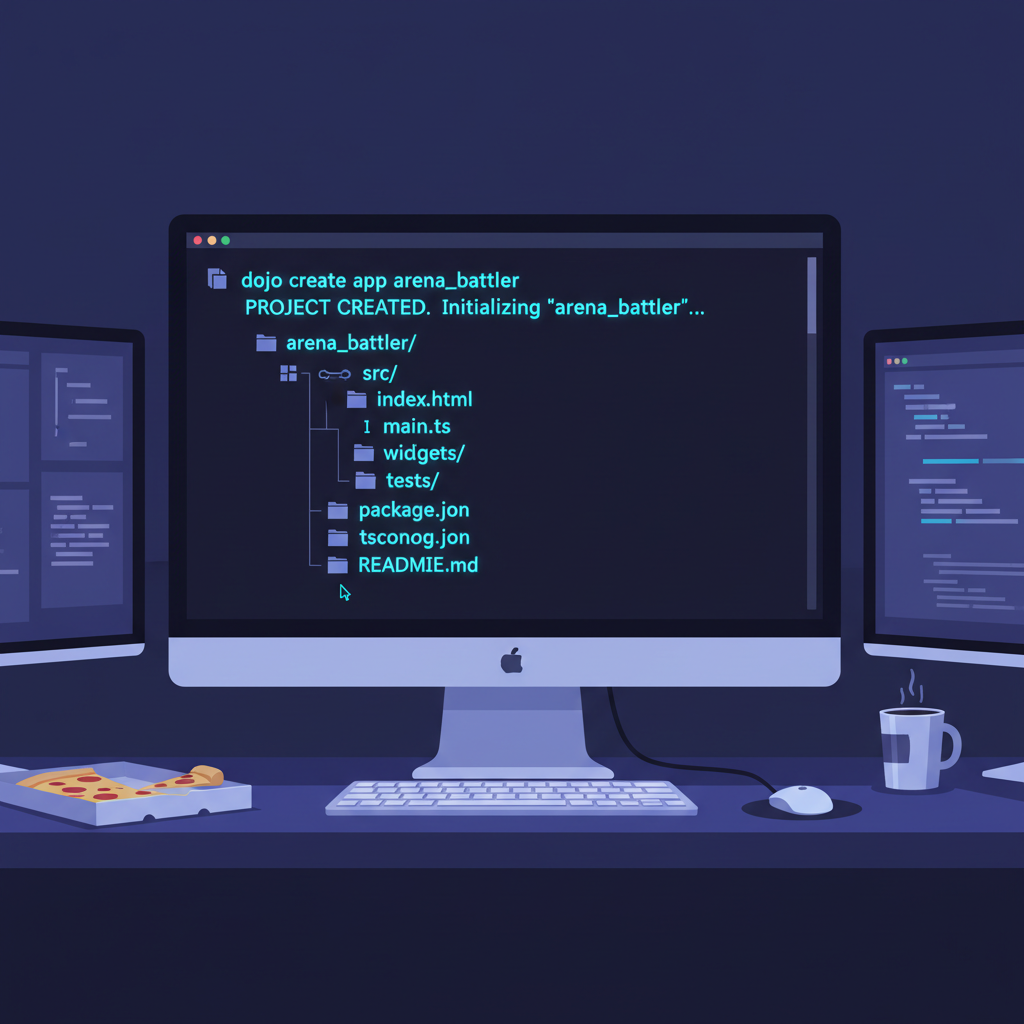 command line creating new Dojo project 'arena_battler', folder structure appearing, neon blue highlights, game dev workspace vibe