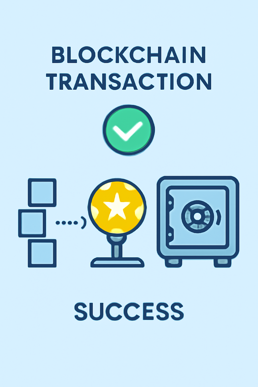blockchain transaction confirmation screen, success checkmark, token minting visualization, secure vault