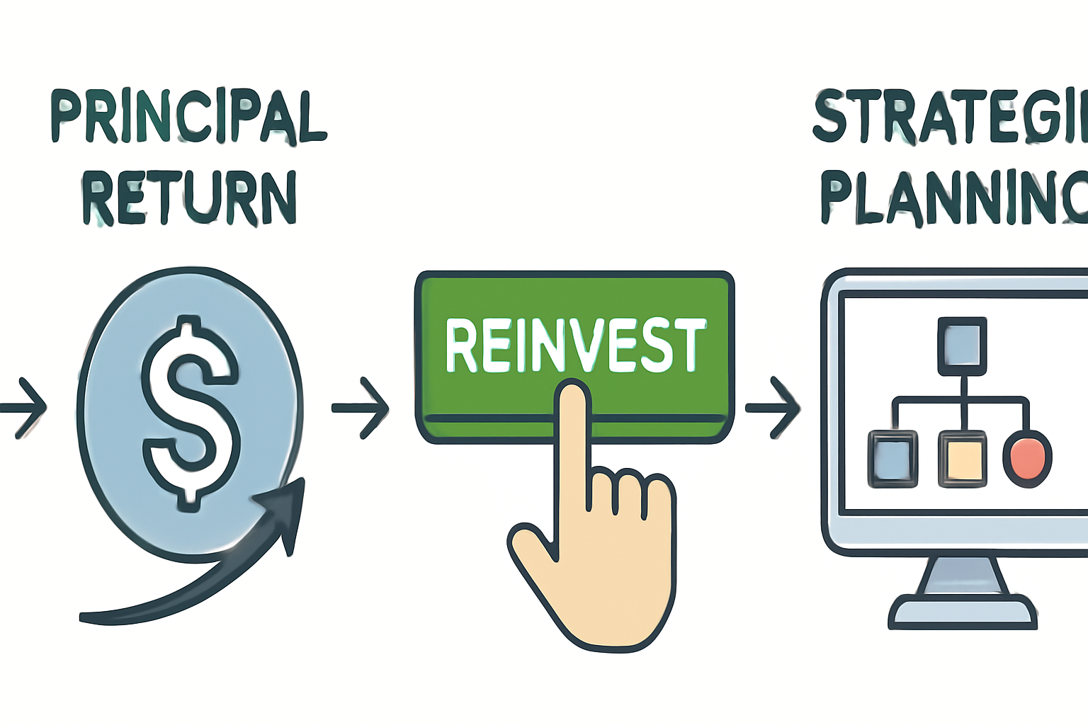 portfolio maturity timeline, principal return animation, reinvest buttons, strategic planning interface