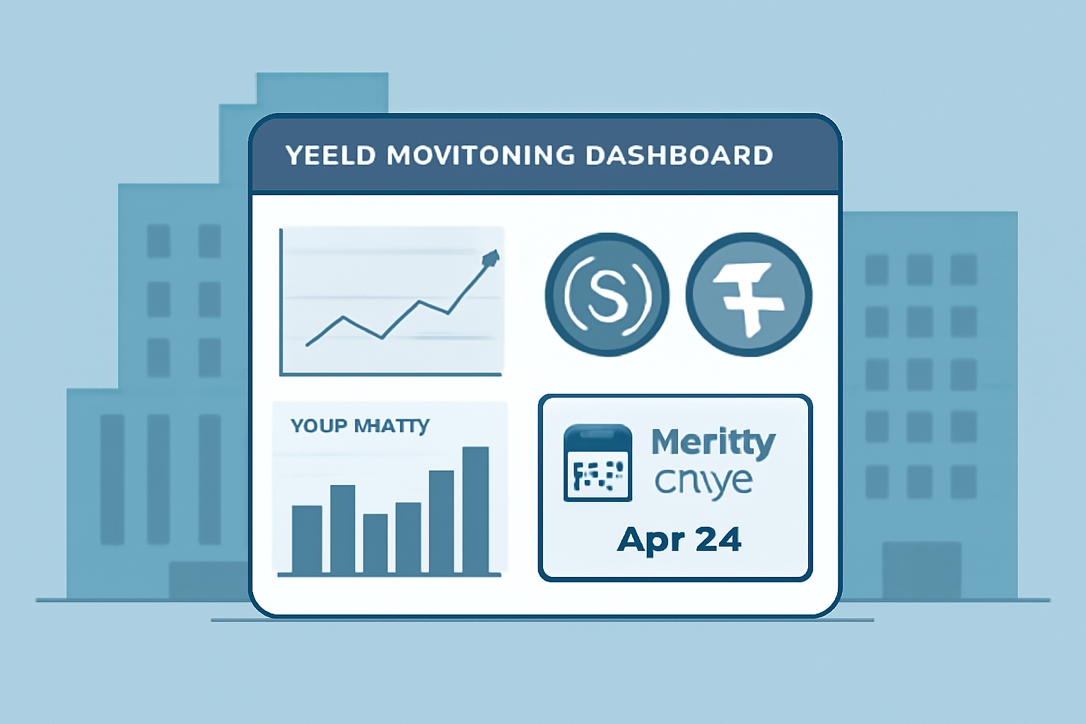 yield monitoring dashboard with graphs, monthly payout notifications, stablecoin icons, real estate backdrop