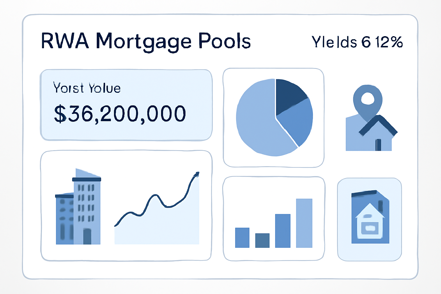 analytical dashboard showing RWA mortgage pools with charts, yields 6-12%, real estate icons, professional UI