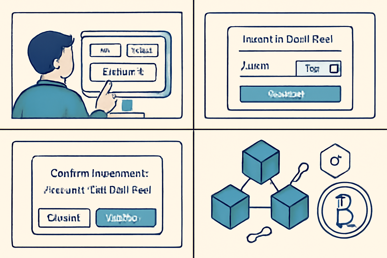 investor selecting DeFi pool on screen, inputting USDT amount, confirmation modal, blockchain elements