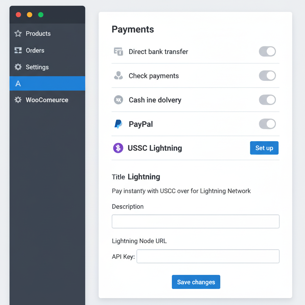 WooCommerce settings panel configuring USDC Lightning payment gateway