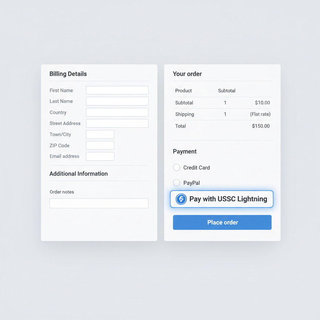 WooCommerce checkout page with USDC Lightning payment button highlighted