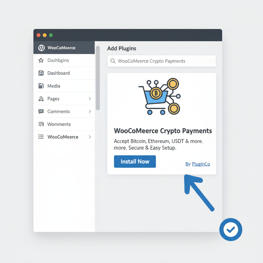 WordPress dashboard screen showing plugin installation for WooCommerce crypto payments