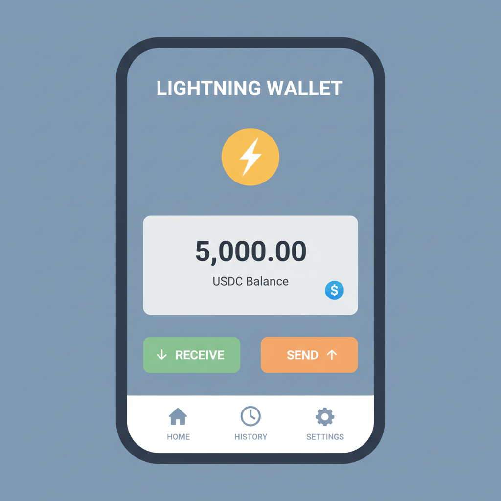 Illustration of a digital Lightning wallet interface with USDC balance