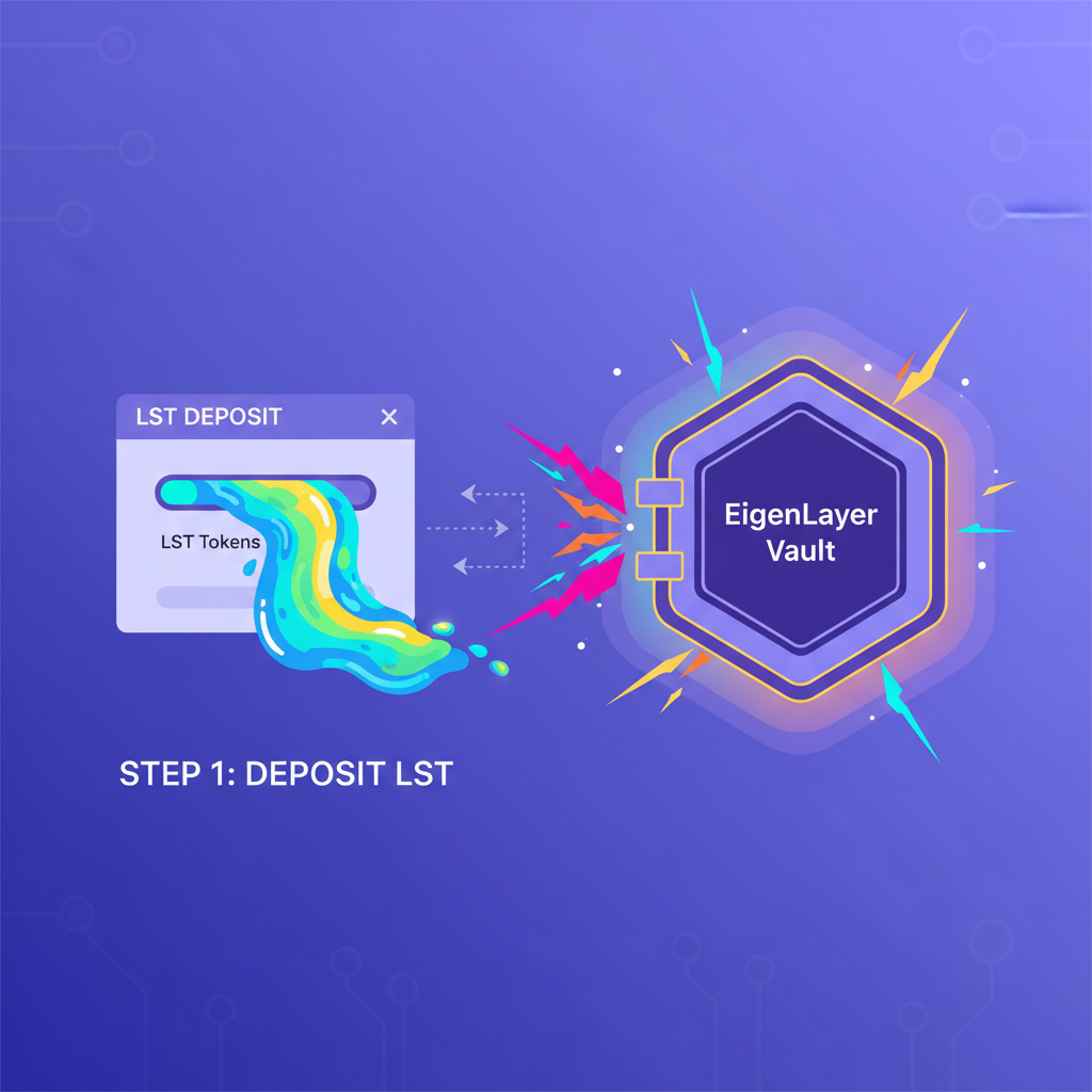 vibrant deposit interface pouring LST tokens into glowing EigenLayer vault, crypto energy beams
