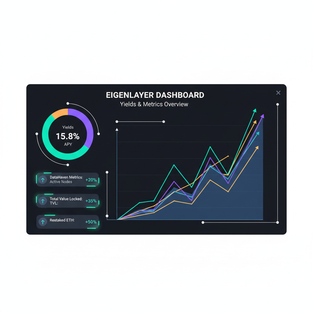 dynamic EigenLayer dashboard showing yields, charts spiking, DataHaven metrics glowing green