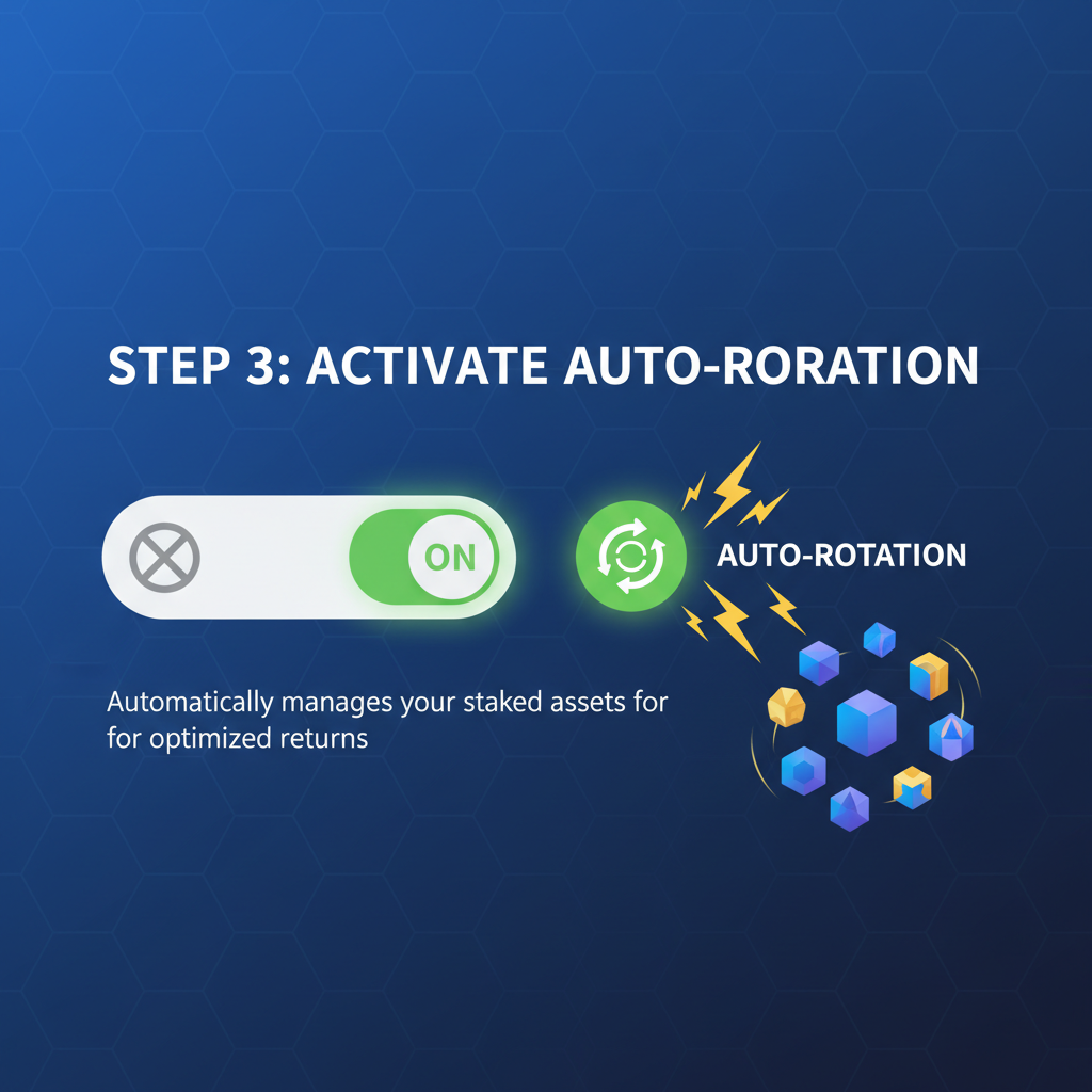 toggle switch flipping on for auto-rotation in EigenLayer UI, lightning bolts and rotating tokens