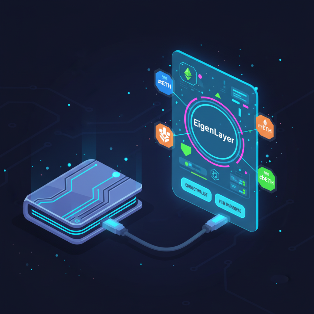 cyberpunk wallet connecting to EigenLayer dashboard, neon ETH LST icons glowing, futuristic UI