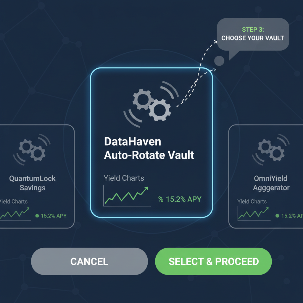 sleek vault selection screen highlighting DataHaven auto-rotate vault, spinning gears and yield charts