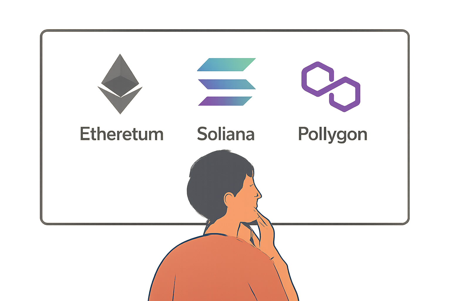 A digital screen displaying logos of Ethereum, Solana, and Polygon blockchains, with a person pondering their options.
