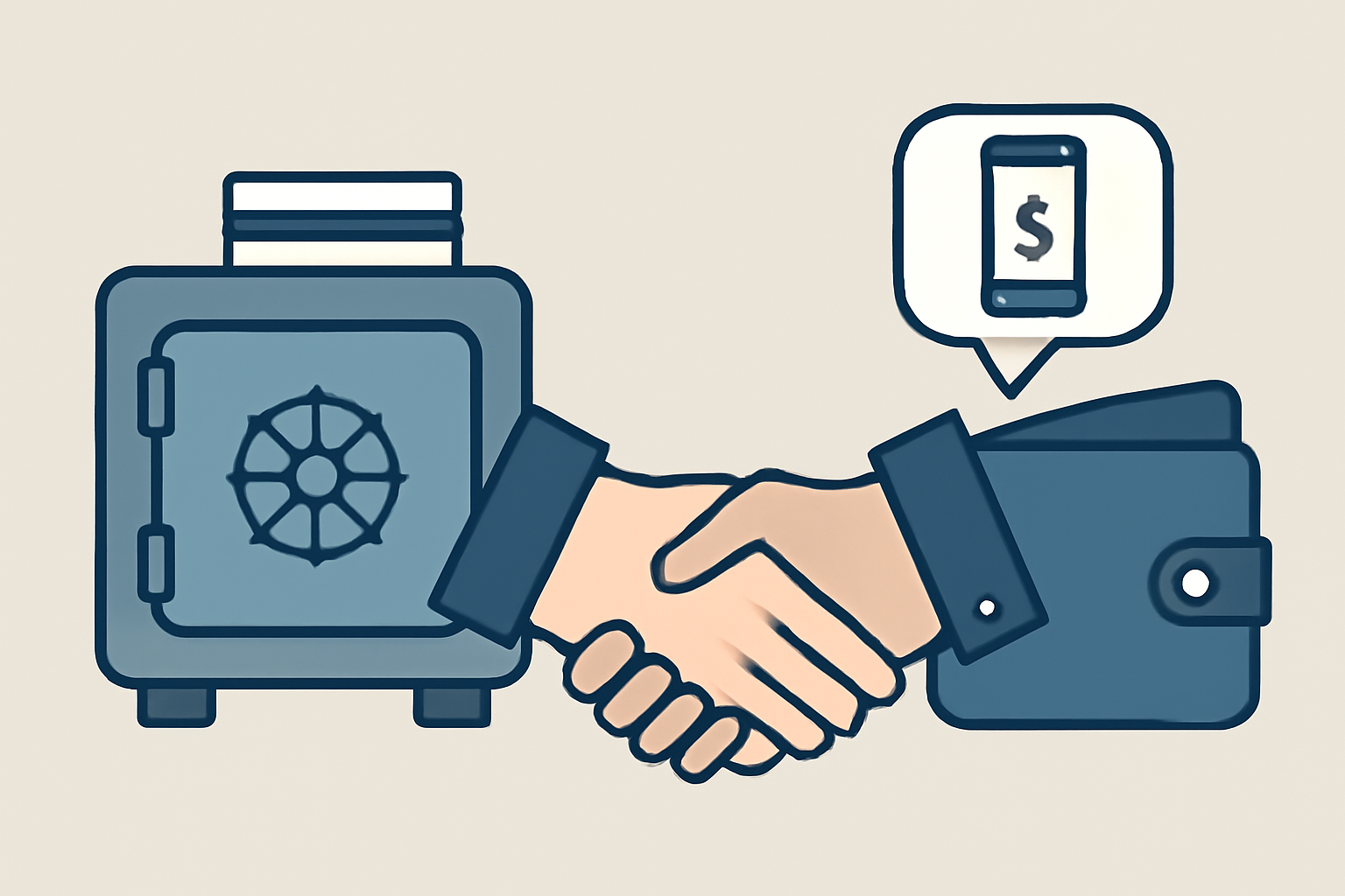 A secure vault for physical cards and a digital wallet icon, with a handshake symbolizing a safe transfer.