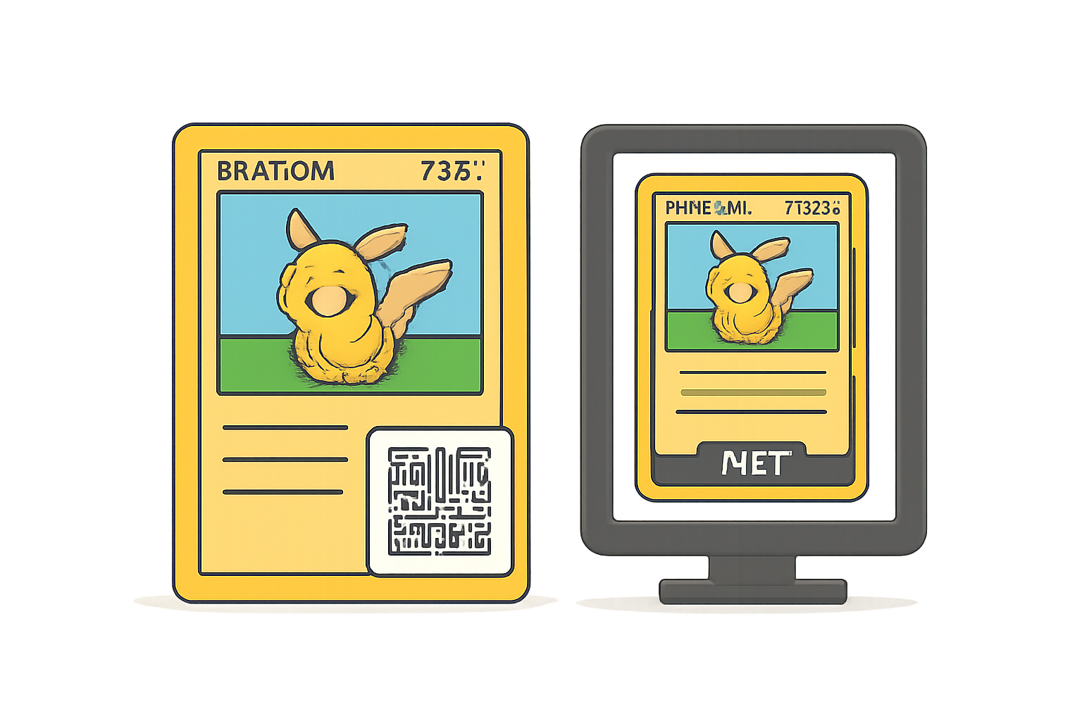 A Pokémon card with a QR code sticker, next to a digital NFT display showing matching details.