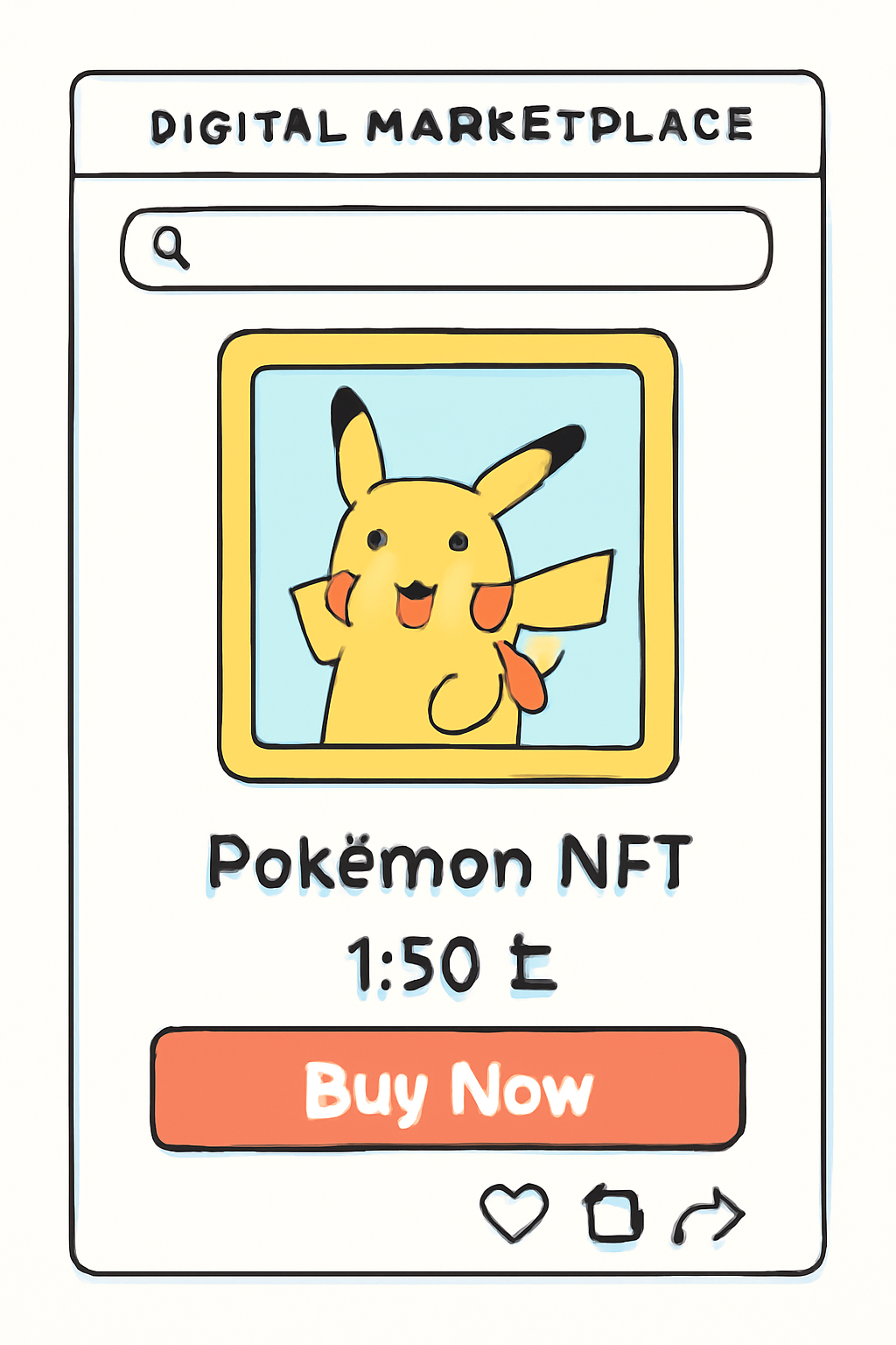 A digital marketplace interface showing a Pokémon NFT for sale, with price tags and social media icons for sharing.