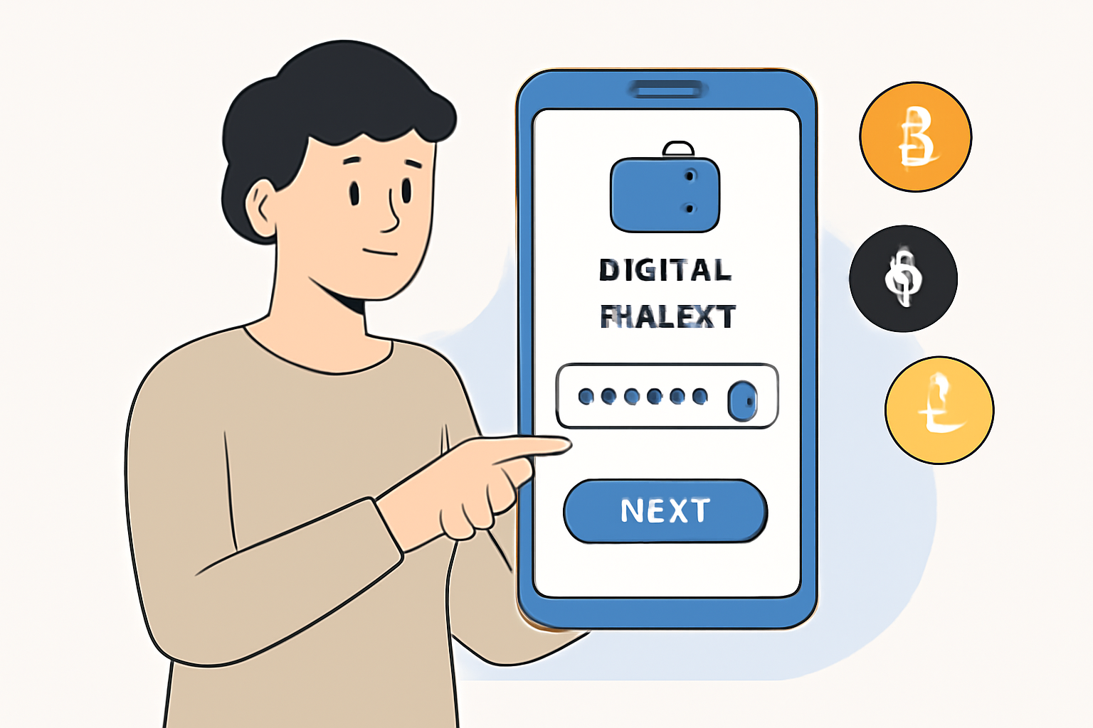 A user setting up a digital wallet app on their phone, with cryptocurrency icons and a secure password field.