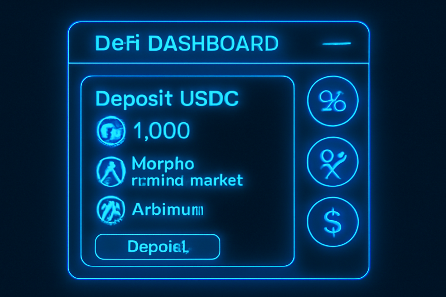 DeFi dashboard showing USDC deposit into Morpho lending market on Arbitrum, blue glowing interface, yield icons