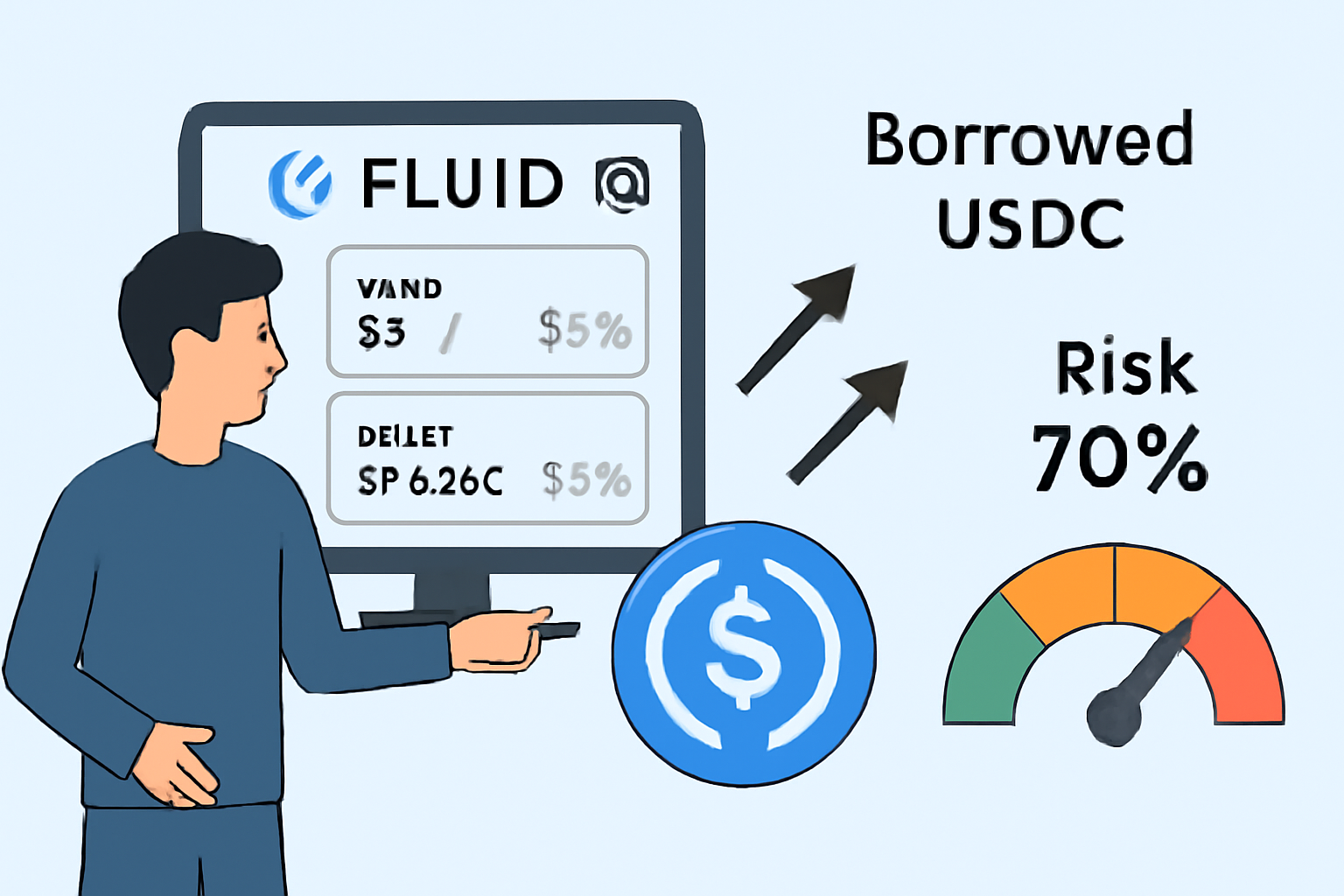 User borrowing USDC from Fluid protocol dashboard on Arbitrum, leverage arrows, risk meter at 70%