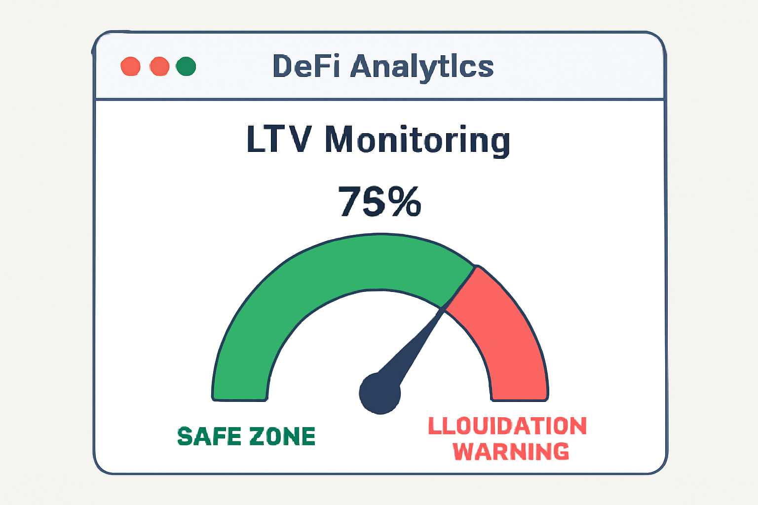 LTV monitoring chart on DeFi analytics dashboard, green safe zone, red liquidation warning