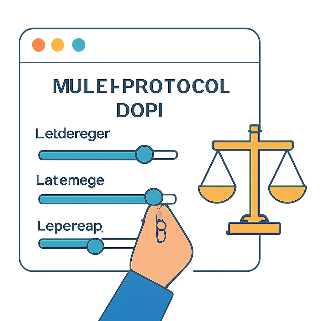 Rebalancing leverage sliders on multi-protocol DeFi interface, balance scales icon