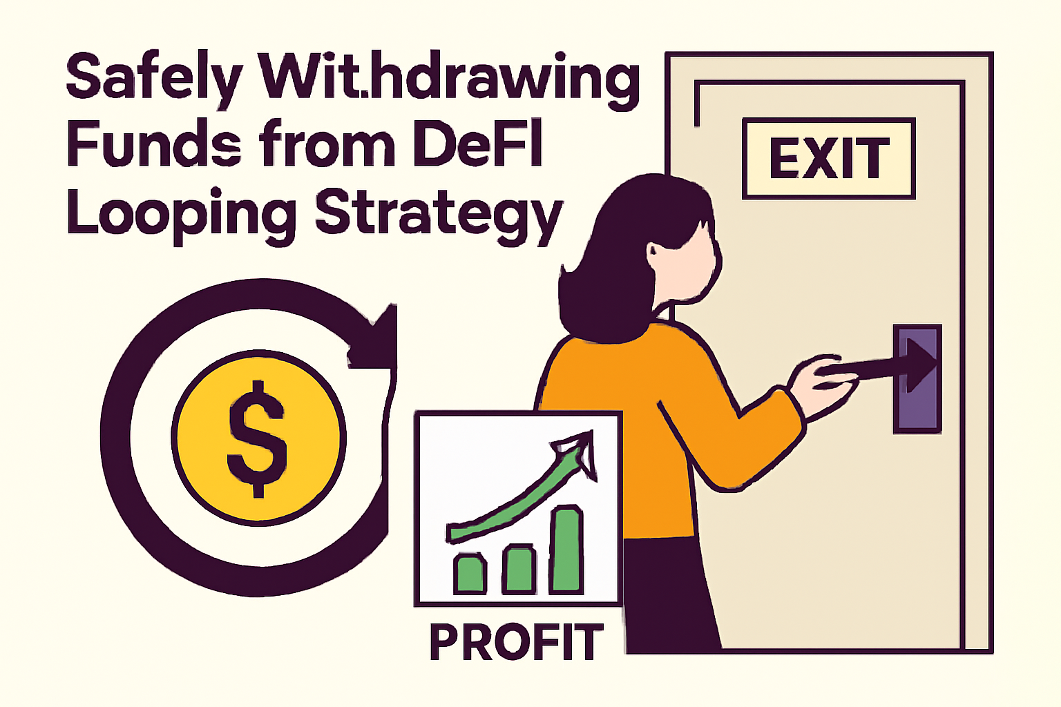 Safely withdrawing funds from DeFi looping strategy, unlock exit door graphic, profit charts