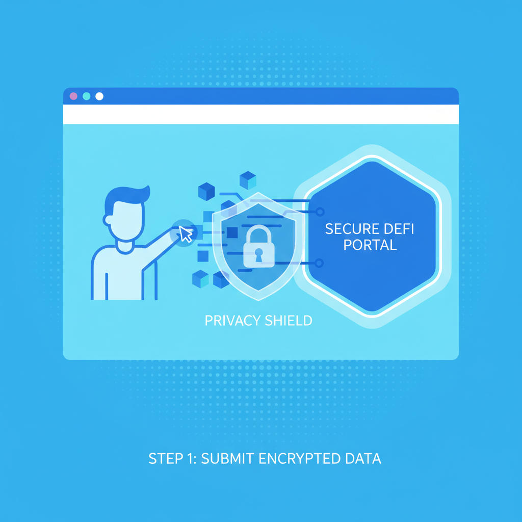 user submitting encrypted data to secure DeFi portal, futuristic interface, privacy shield icon, blue tones