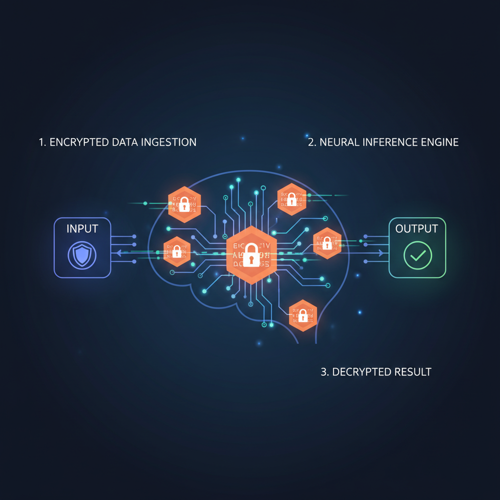 neural network processing encrypted data nodes, abstract ML inference, glowing circuits, professional tech style