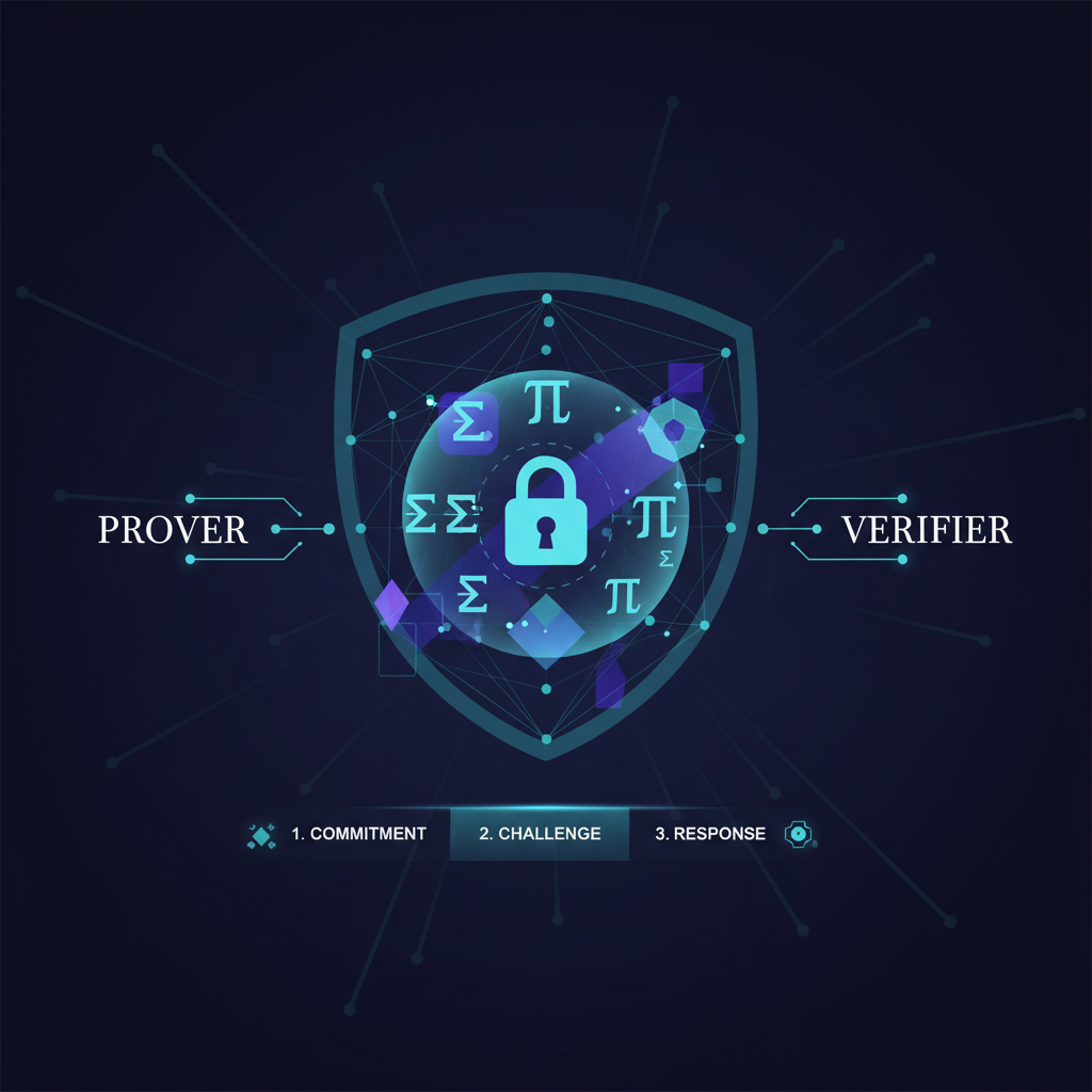 generating zero-knowledge proof, cryptographic symbols unfolding, secure computation visualization, dark elegant